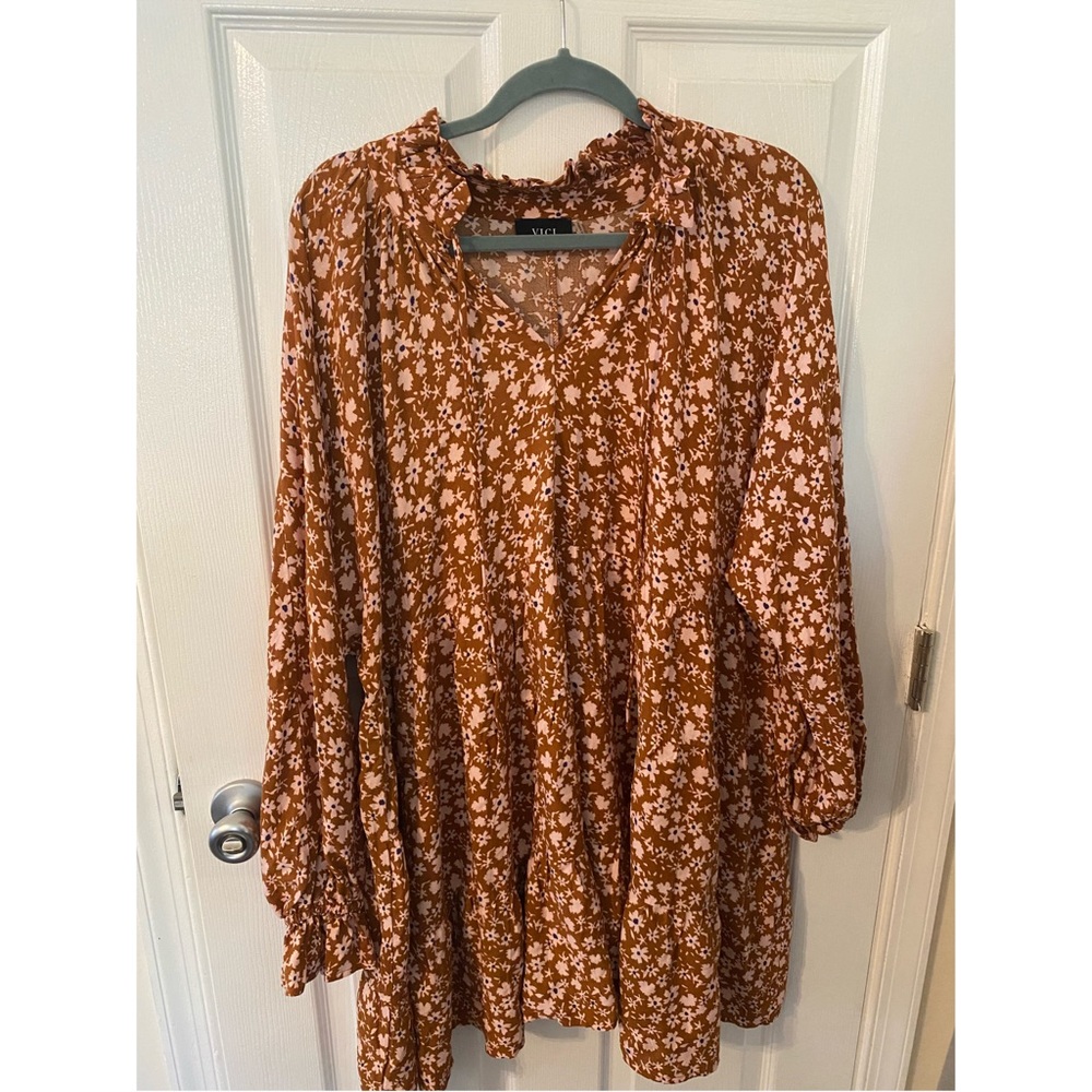 Orange and floral flowy long sleeve dress